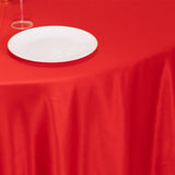 120inch Red Seamless Lamour Satin Round Tablecloth for 5 Foot Table With Floor-Length Drop