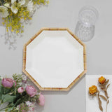 25 Pack | 9inch White Bamboo Print Rim Octagonal Dinner Paper Plates