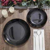 10 Pack | 10inch Glossy Black Round Disposable Dinner Plates With Gold Rim