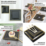 10 Pack | 7inch Gold Trim Black Square Plastic Salad Dessert Plates