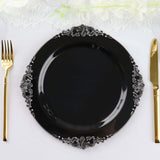 10 Pack | 10inch Black Silver Leaf Embossed Baroque Plastic Dinner Plates