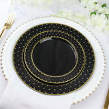 10inch Black / Gold 3D Disposable Dinner Plates With Dotted Rim Design, Round Plastic Party Plates