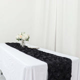 14inch x 108inch Black Grandiose 3D Rosette Satin Table Runner