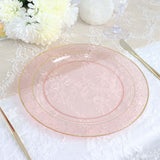 10 Pack | 10inch Blush / Rose Gold Hammered Design Plastic Dinner Plates With Gold Rim