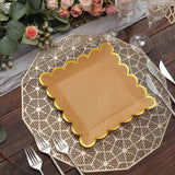 25 Pack | 9 Square Natural Brown Paper Dinner Plates With Gold Scalloped Rim, Party Plates