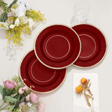 25 Pack | 8inch Burgundy Sunray Gold Rimmed Dessert Appetizer Paper Plates, Disposable