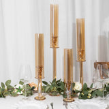 Set of 4 Gold Crystal Glass Hurricane Taper Candle Holders With Tall Cylinder Chimney Tubes