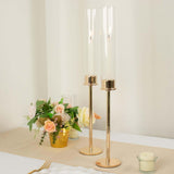 2 Pack | 20inch Gold Metal Clear Glass Hurricane Candle Stands With Glass Chimney Candle Shades