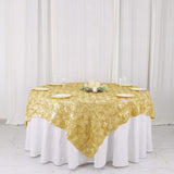 72x72inch Champagne 3D Rosette Satin Table Overlay, Square Tablecloth Topper