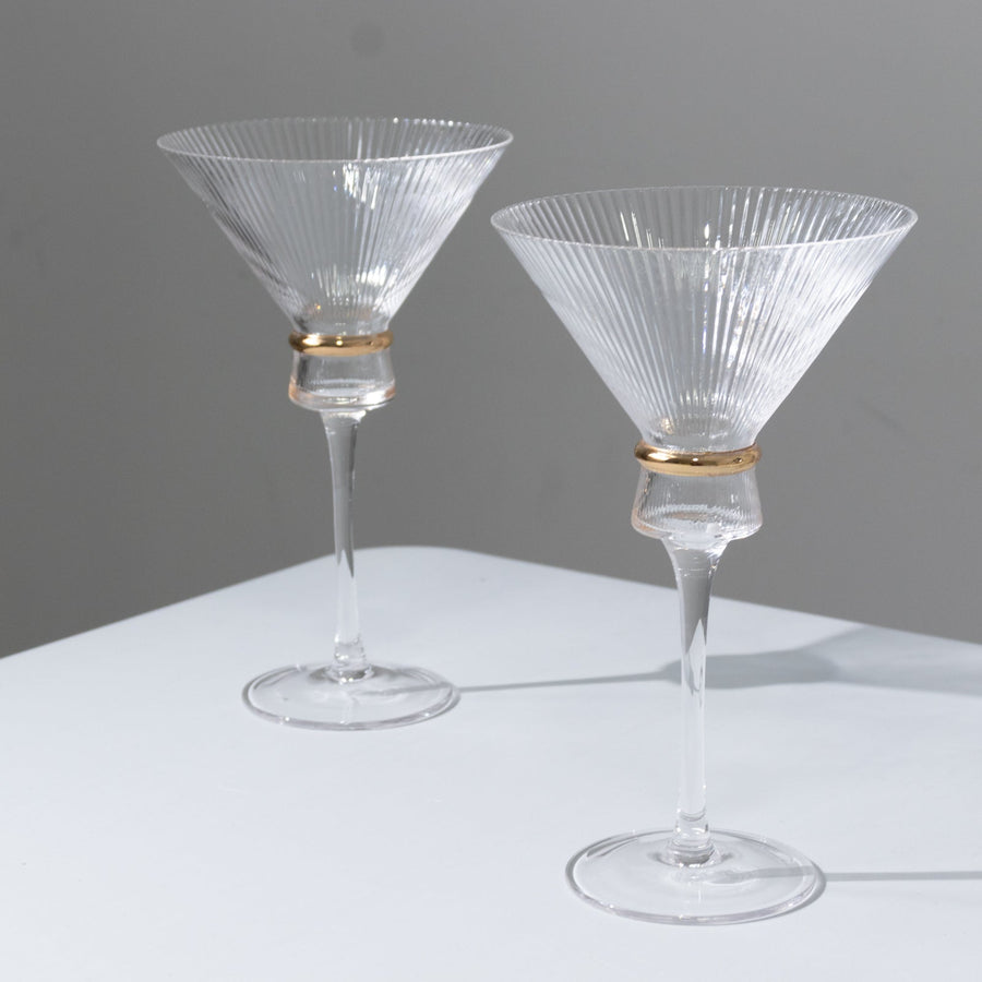 6-Pack Clear Martini Glasses – 10oz Real Glass, Ribbed Design with Gold Ring Accent
