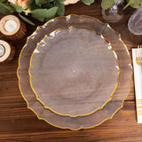 10 Pack Clear Sunflower Disposable Dinner Plates with Gold Scalloped Rim