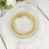 10 Pack | 9inch Clear / Gold Swirl Rim Disposable Dinner Plates, Round Plastic Party Plates