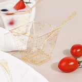 24 Pack | 2oz Gold Glittered Clear Disposable Square Snack Bowl and Spoon Set