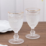 6 Pack Crystal Diamond Embossed Wine Goblet Glasses with Gold Rim, 8oz Vintage Clear Cocktail Glass