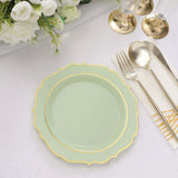 8inch Sage Green Plastic Dessert Salad Plates, Disposable Tableware Round With Gold Scalloped Rim