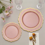 8inch Dusty Rose Plastic Dessert Salad Plates, Disposable Tableware Round With Gold Scalloped Rim