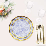 25 Pack | 8inch White / Blue Chinoiserie Disposable Salad Plates With Gold Wavy Rim Floral