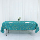 60"x102" Teal Rectangle Polyester Tablecloth With Gold Foil Geometric Pattern