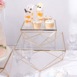 Set of 3 | Gold Metal Geometric Stackable Cake Dessert Stand Pedestals with Square Glass Top