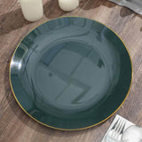 10 Pack | 10inch Glossy Hunter Emerald Green Round Disposable Dinner Plates With Gold Rim