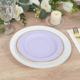25-Pack Paper Round Dessert Plates in Lavender Lilac Sunray Design with Gold Rim