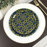 20 Pack Set | 9inch, 7inch Navy Blue Geometric Gold Print Plastic Plates