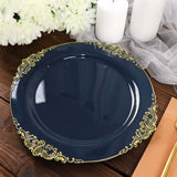 10inch Navy Blue Leaf Embossed Baroque Plastic Dinner Plates, Disposable Vintage Round Dinner Plates