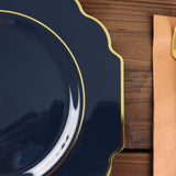 11inch Navy Blue Plastic Dinner Plates, Disposable Tableware, Baroque Heavy Duty Plates Gold Rim