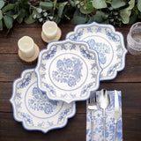 25-Pack Paper Dessert Plates in White with Light Blue Damask Floral Print & Scallop Rim