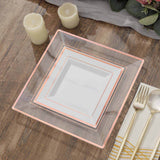 10 Pack - 7inch Rose Gold Trim White Square Plastic Salad Dessert Plates