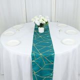 9 Feet Teal Table Runner With Gold Foil Geometric Pattern