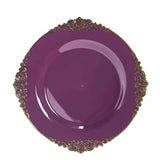 10-Pack Plastic 8INCH Round Dessert Plates in Purple with Gold Leaf Embossed Rim Disposable