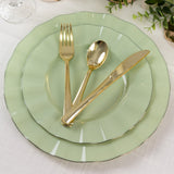 10 Pack Sage Green Heavy Duty Disposable Dinner Plates with Gold Ruffled Rim, Hard Plastic Dinner