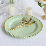 10 Pack Sage Green Disposable Party Plates with Gold Beaded Rim, 10inch Round Plastic Dinner Plates