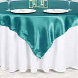 72" x 72" Turquoise Satin Square Tablecloth Overlay#whtbkgd