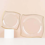 10 Pack | 8inch Clear / Gold Wavy Rim Modern Square Plastic Dessert Salad Appetizer Party Plates
