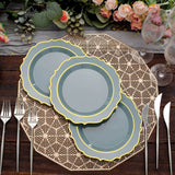 8inch Dusty Blue Plastic Dessert Salad Plates, Disposable Tableware Round With Gold Scalloped Rim