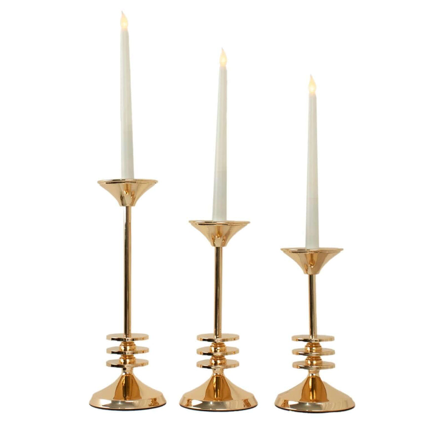 Set of 3 Taper Candlestick Holders Gold Metal with 3 Disk Pedestal Design - Decorative Centerpieces 9", 11", 13"
