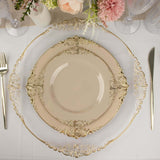 Taupe Gold Leaf Embossed Baroque Plastic Dinner Plates, Disposable Vintage Round Dinner Plates