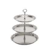 15inch Metallic Silver 3-Tier Round Plastic Cupcake Stand With Lace Cut Scalloped Edges#whtbkgd