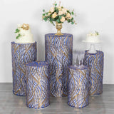 Set of 5 Royal Blue Wave Mesh Cylinder Pedestal Stand Covers with Embroidered Sequins, Premium