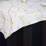 54"x54" White Polyester Square Table Overlay With Gold Foil Geometric Pattern