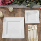 10 Pack - 10inch Silver Trim White Square Plastic Disposable Dinner Plates