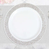 10 Pack | 10inch Elegant Silver Lace Rim White Disposable Dinner Plates, Fancy Plastic Party Plates