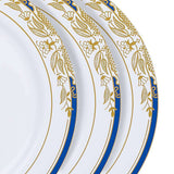 White With Royal Blue Rim 10inch Plastic Dinner Plates, Round With Gold Vine Design#whtbkgd