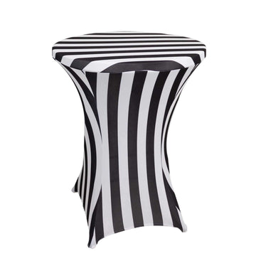 Spandex 32" Fitted Round Cocktail Table Cover Black/White Striped - Easy to Maintain Stretch Tablecloth