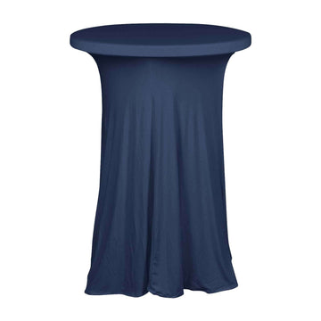 Spandex 32" Round Cocktail Table Cover Skirt Navy Blue With Natural Wavy Drapes