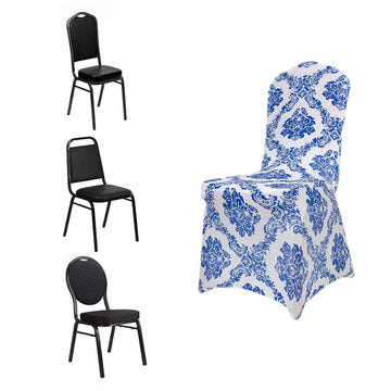 Spandex Banquet Chair Cover Fitted Cover in Royal Blue - Stretch 160gsm Fabric with Foot Pockets & Damask Pattern