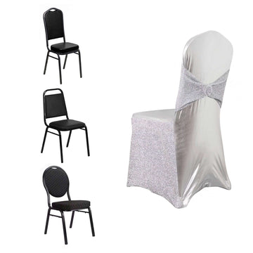 Spandex Banquet Chair Cover Metallic Silver Tinsel with Sash and Rhinestone Buckle - Shimmering Fitted Slipcover