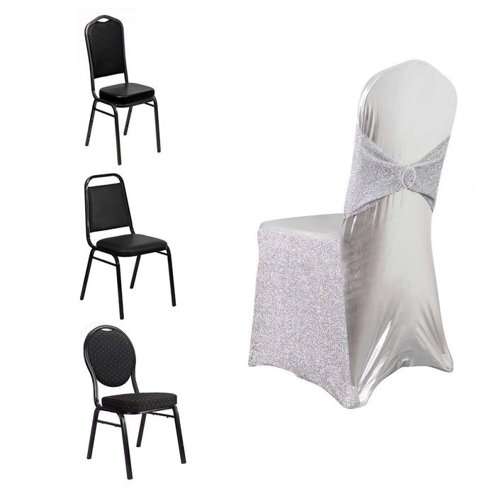 Metallic Silver Shimmer Tinsel Spandex Banquet Chair Cover With Attached Sash Band